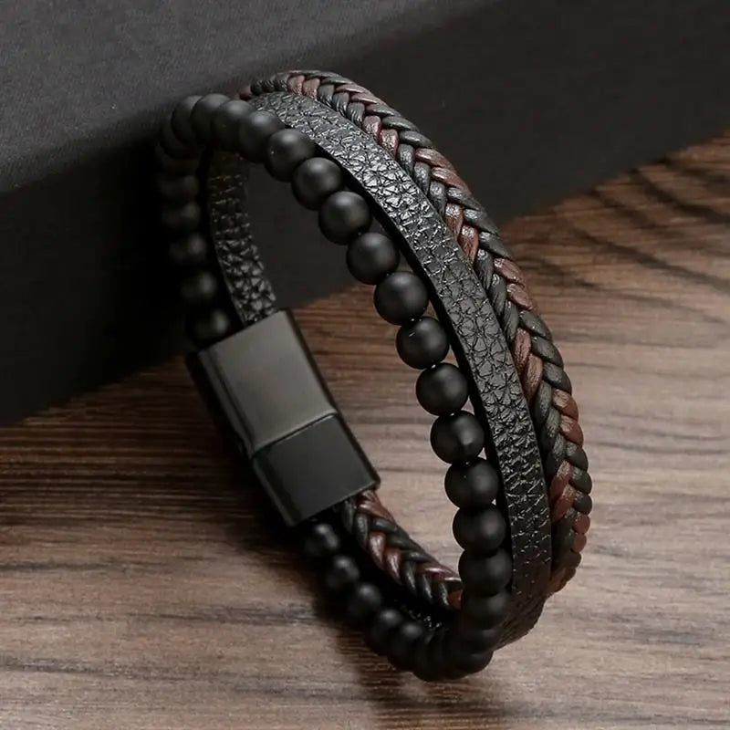 Men’s Multi-Layer Woven Leather Bracelet — Casual Fashion