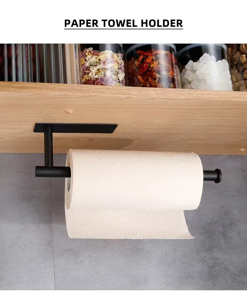 Prime Deal Zone adhesive kitchen paper towel holder and tissue dispenser mounted on bathroom cabinet for napkins and toilet rolls.