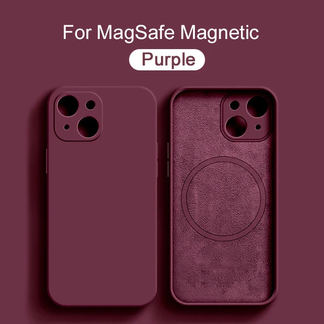 Liquid silicone MagSafe magnetic case for iPhone 12 to 15 models, showcasing wireless charging compatibility and sleek design.