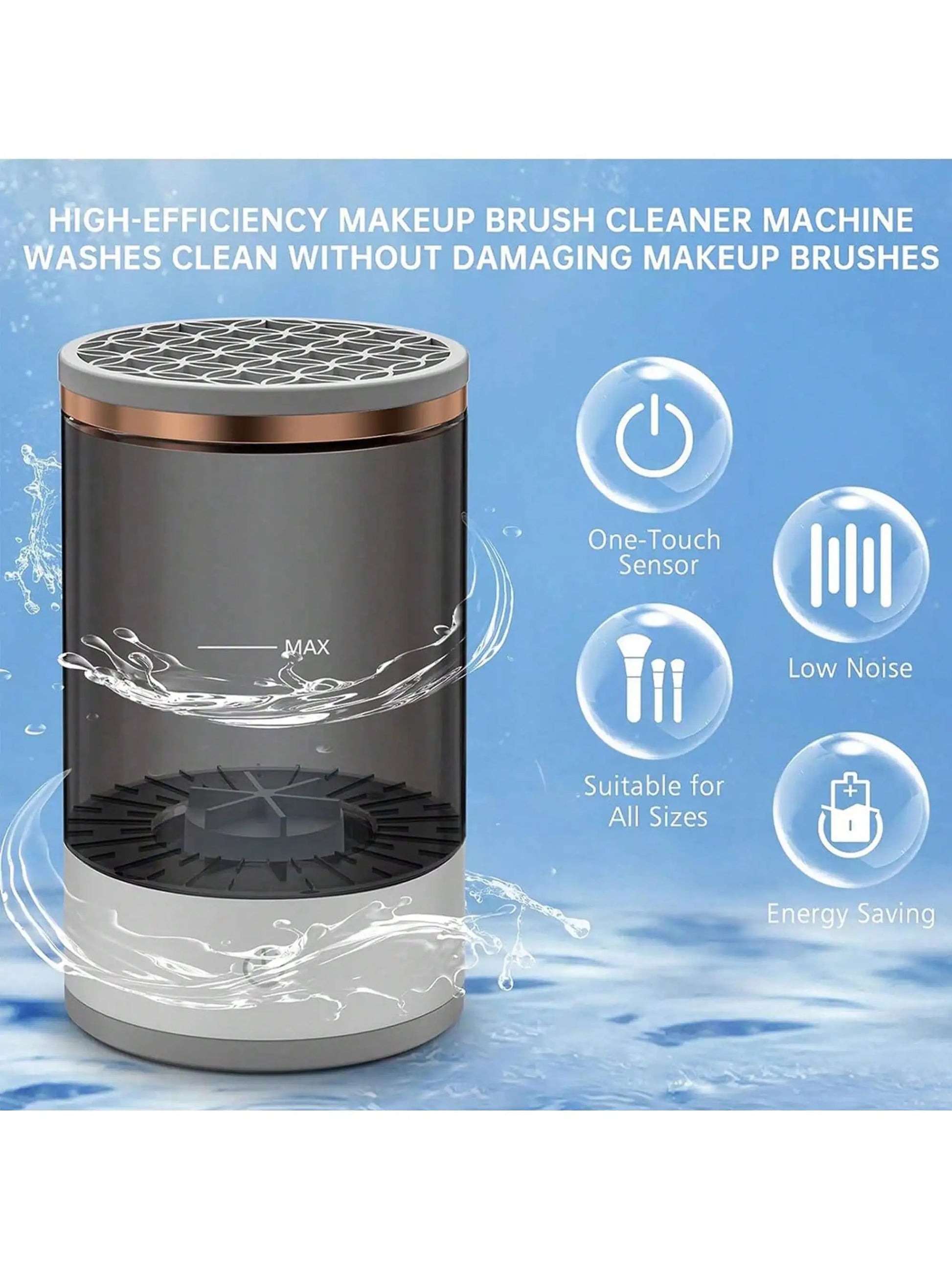 Electric makeup brush cleaner machine by Prime Deal Zone shown with brushes and cleaning basin on a countertop.