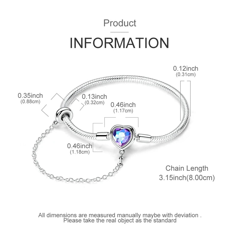 925 Sterling Silver Heart Zircon Snake Chain Bracelet — Multiple Designs, 17–20cm
