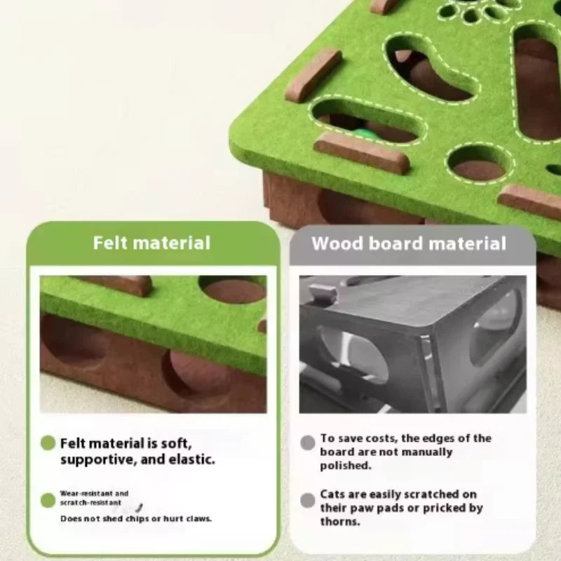 Felt cat puzzle maze toy with holes, bell ball, and kitten playing inside, designed for interactive fun and enrichment for cats.