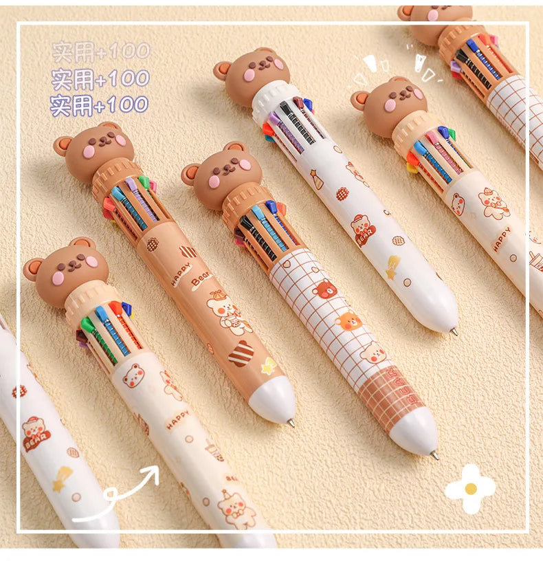 Cute bear cartoon ballpoint pen with 10 vibrant colors, ideal for students and office use, featuring playful bear designs.