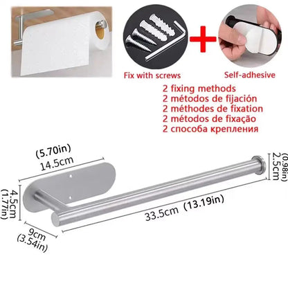 Prime Deal Zone adhesive kitchen paper towel holder and tissue hanger on bathroom cabinet for toilet roll and napkins storage.