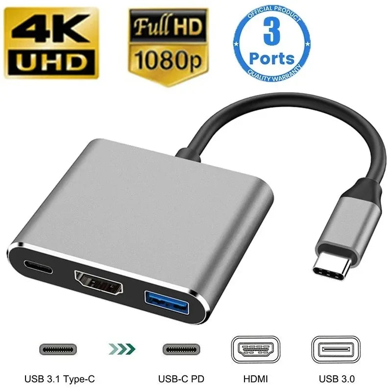 Prime Deal Zone USB C Hub 3-in-1 Type C to HDMI docking station with 4K HDMI, PD fast charge for MacBook, phone, and computer