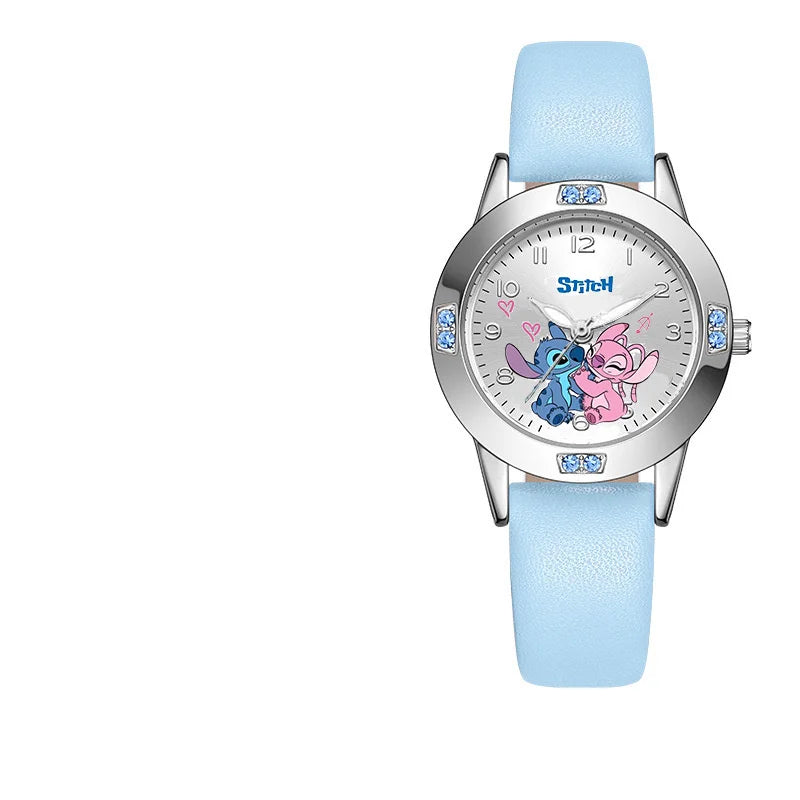 Disney Stitch girl's leather wristwatch with cartoon Stitch design, steel belt, quartz movement, perfect gift for women.