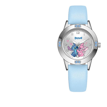 Disney Stitch girl's leather wristwatch with cartoon Stitch design, steel belt, quartz movement, perfect gift for women.