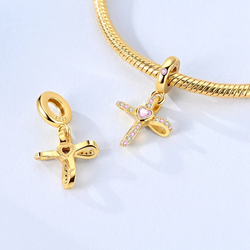 925 sterling silver gold-tone charm beads, crosses and bows - view 11