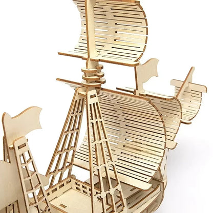 Prime Deal Zone 3D sailboat wooden puzzle assembly model showing intricate handcrafted design for DIY craft and desktop decoration.