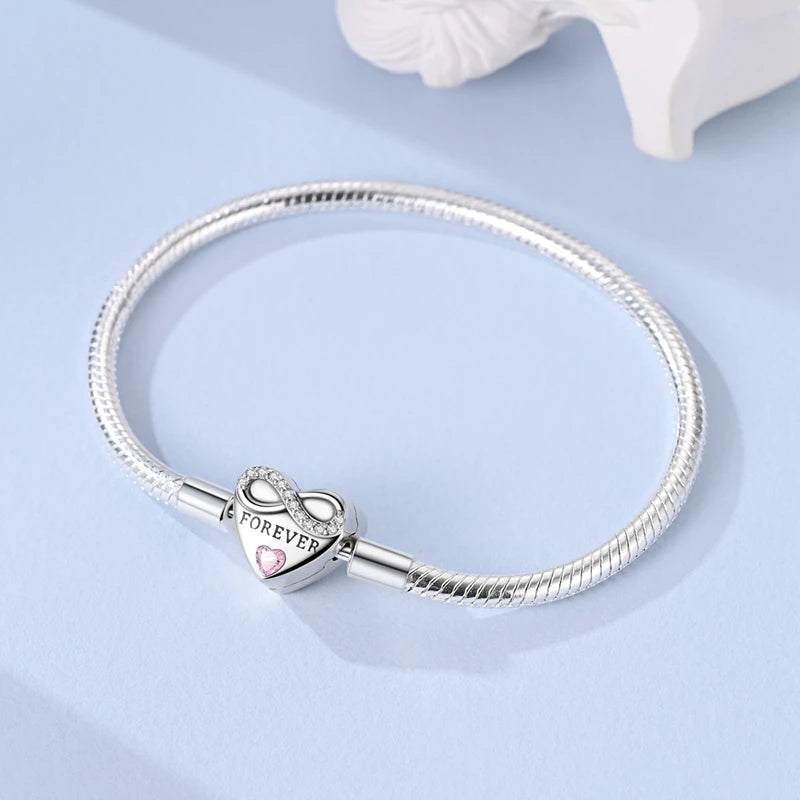 925 Sterling Silver Heart Zircon Snake Chain Bracelet — Multiple Designs, 17–20cm
