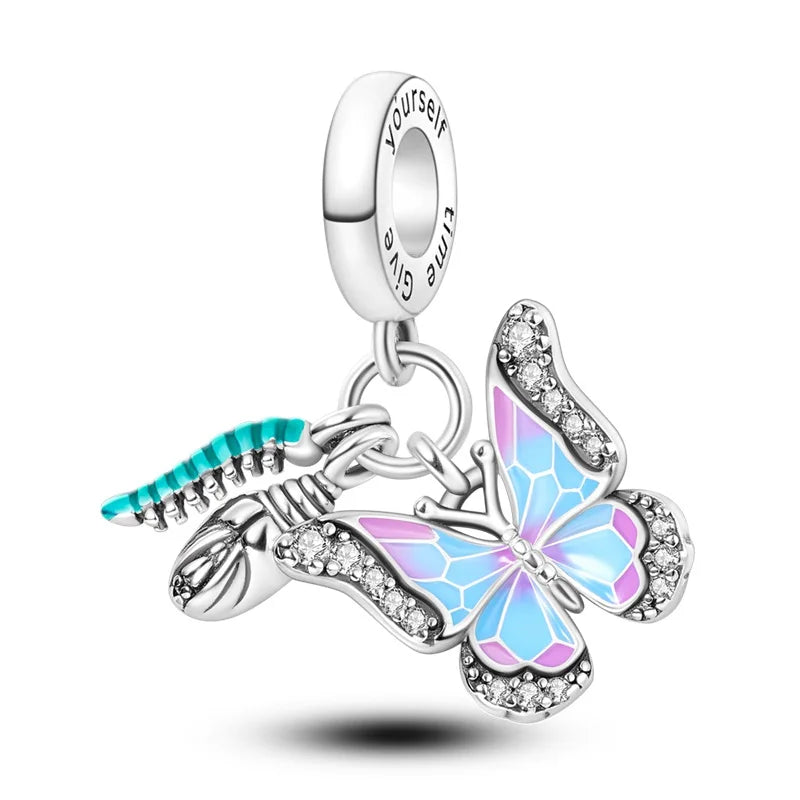 925 Silver-Plated Butterfly Charm Beads, Multicolour