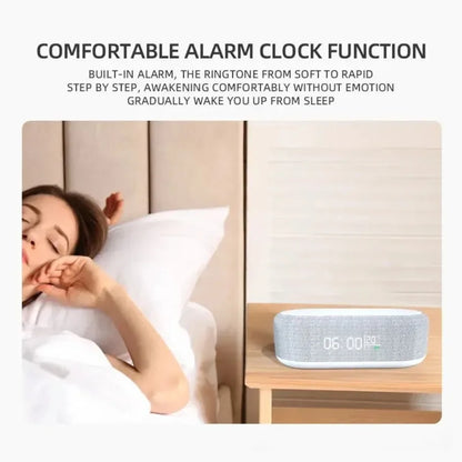 Wireless alarm clock and phone charger pad with night light, thermometer, and desk lamp, compatible with iPhone 13 to 17.