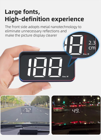Prime Deal Zone HD car head-up display showing digital speedometer with KM/H on windshield projector for auto electronics.