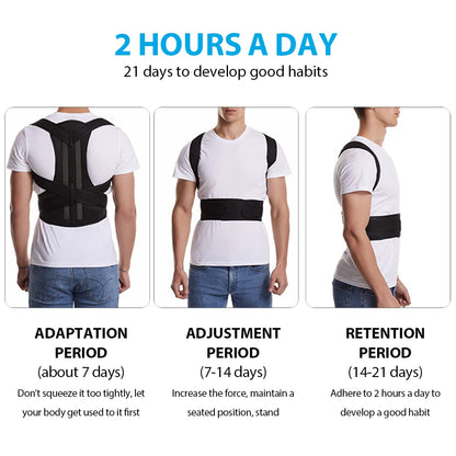 Adjustable back posture corrector brace for men and women with supportive straps, designed to improve spine alignment and posture.