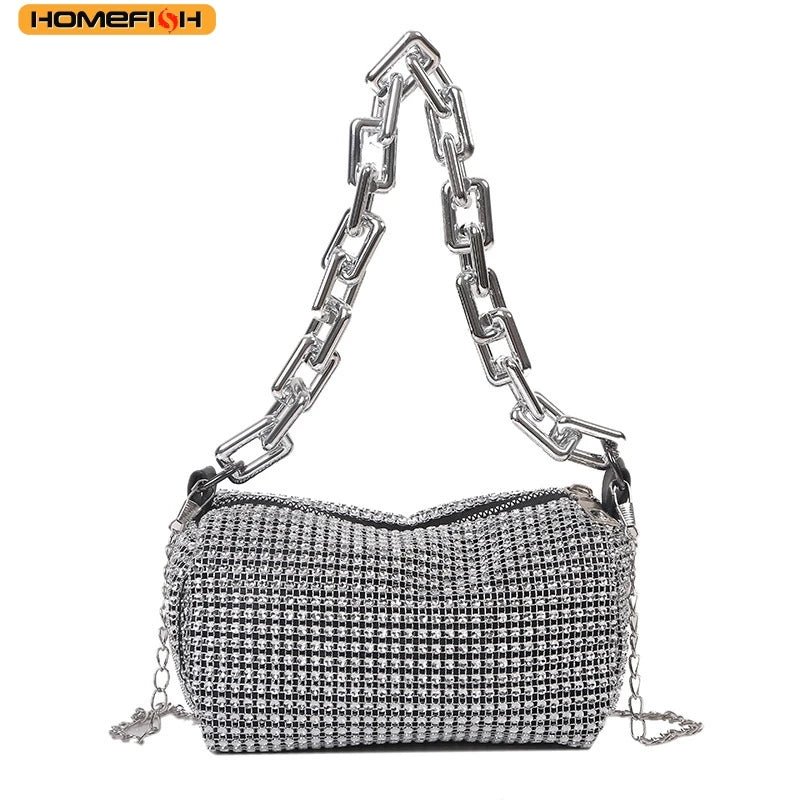 Homefish allover nestone bucket bag with glitter chain, mini crossbody purse, stylish women's prom and party bag.