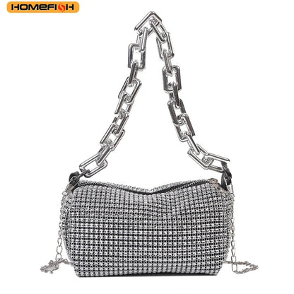 Homefish allover nestone bucket bag with glitter chain, mini crossbody purse, stylish women's prom and party bag.