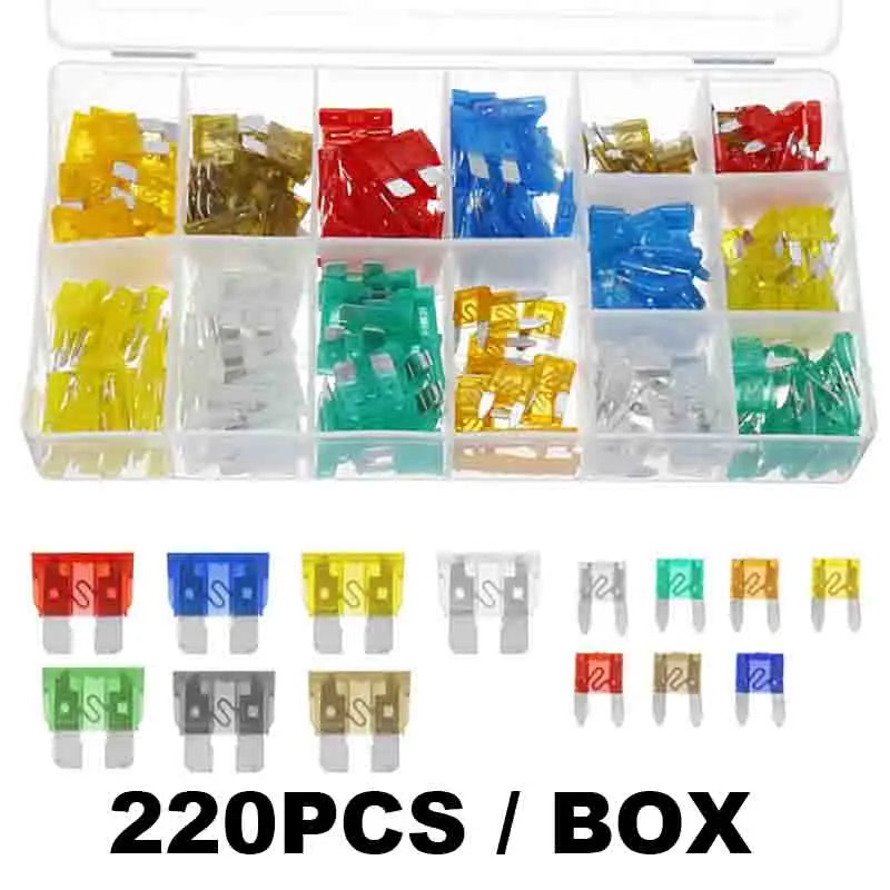 Prime Deal Zone fuse boxes with 60 or 120 pcs, featuring different fuse specifications, shown in the packaging and product layout.