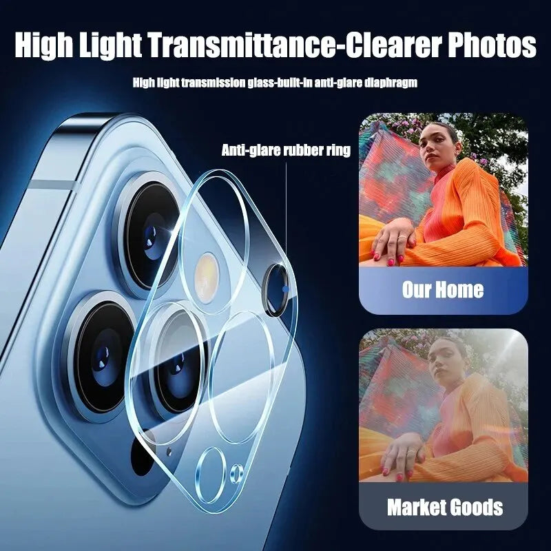 Four Prime Deal Zone HD back camera glass protectors for iPhone 13, 11, 12, 14, and 15 Pro Max lens protection film