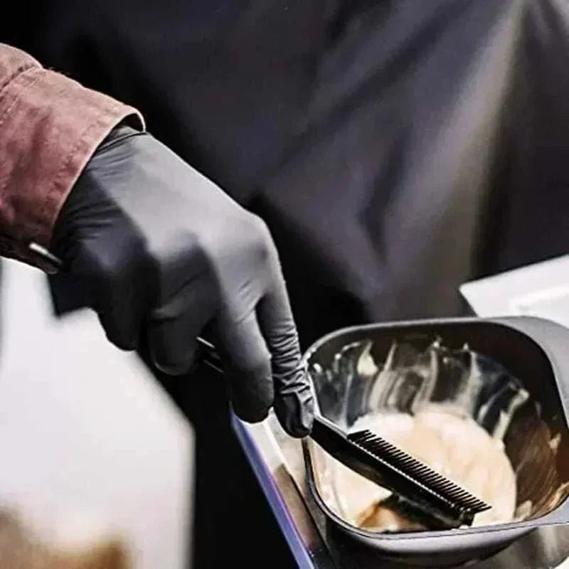 Pair of black nitrile gloves from Prime Deal Zone, ideal for household cleaning, dishwashing, and nail or hair dyeing tasks.