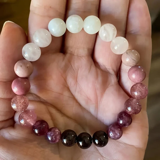 Pink amethyst couple bracelets made of natural stone beads, handmade jewelry for women and men, perfect for self-love and romantic gifts.