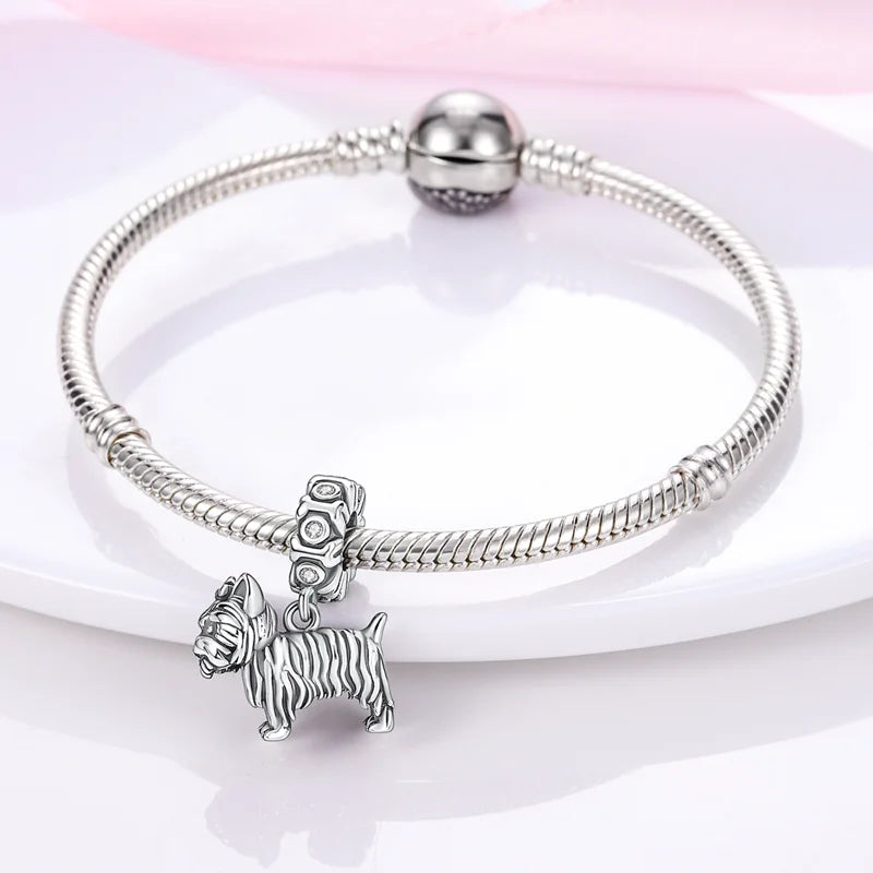 925 Sterling Silver Dog Charm Bead with Zircon