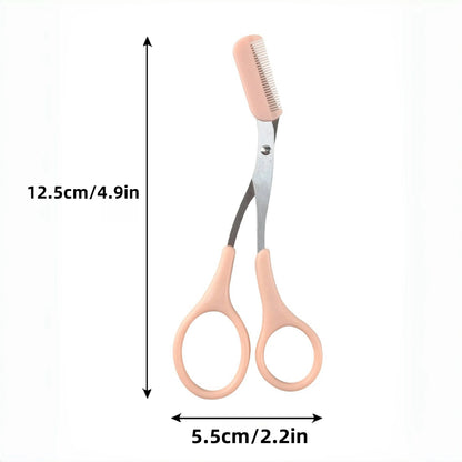 Pink eyebrow trimming scissors with built-in comb from Prime Deal Zone, stainless steel, precise grooming tool for perfect eyebrows.
