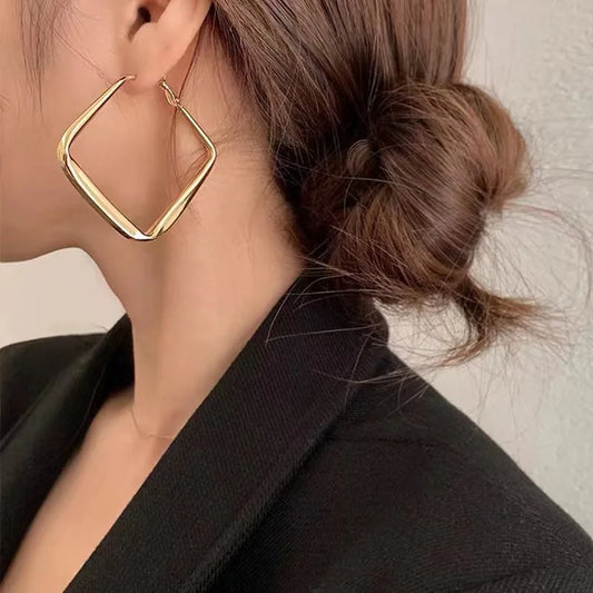 Gold square hoop earrings for women with exaggerated geometric irregular circle design, fashion jewelry by Prime Deal Zone.