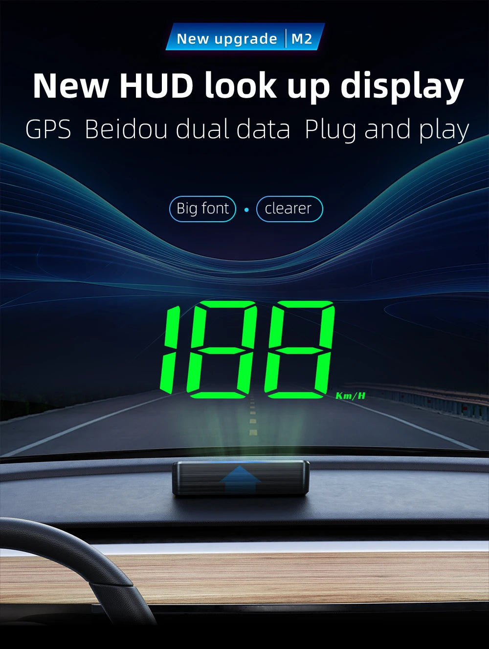 HD Car Head Up Display M2 Prime Deal Zone showing digital GPS speedometer projected on vehicle windshield