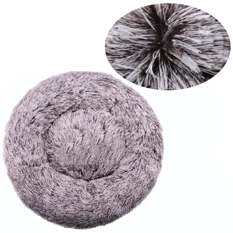Round plush pet bed in six sizes, ideal for large dogs and cats, offers warm, comfy sleeping space for winter.