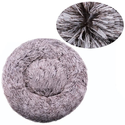 Round plush pet bed in six sizes, ideal for large dogs and cats, offers warm, comfy sleeping space for winter.