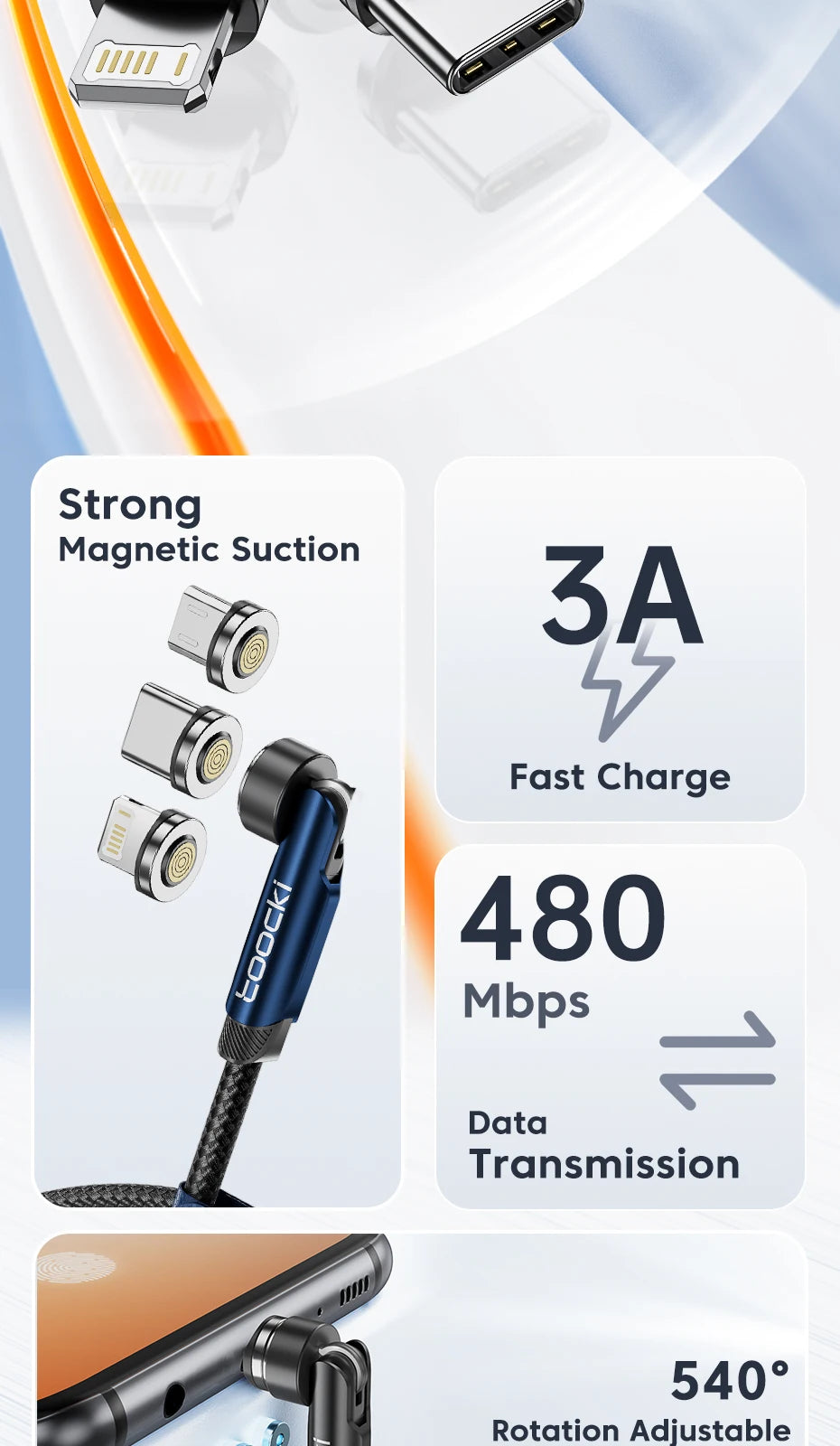 Toocki 540 Rotate Magnetic USB Type C cable for iPhone, Xiaomi, Micro USB, fast charging, with magnetic connector and data wire.