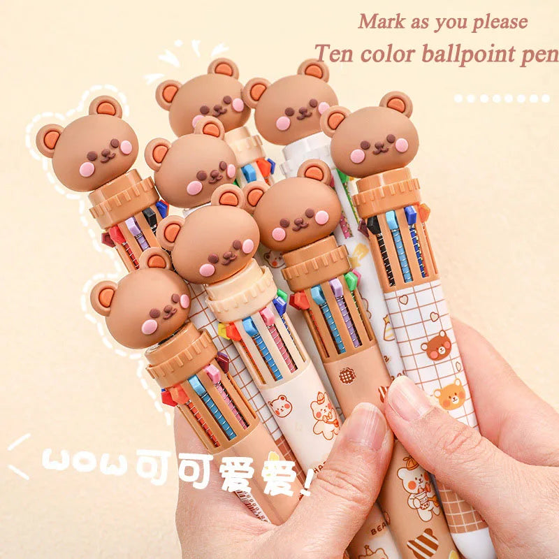 Prime Deal Zone cute bear cartoon ballpoint pen with 10 vibrant colors, ideal for students and office stationery.