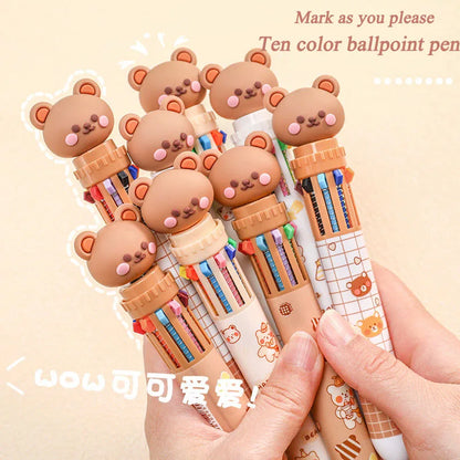 Prime Deal Zone cute bear cartoon ballpoint pen with 10 vibrant colors, ideal for students and office stationery.