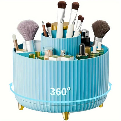 Prime Deal Zone 360-degree rotating cosmetic storage box with five compartments for brushes and makeup organization.