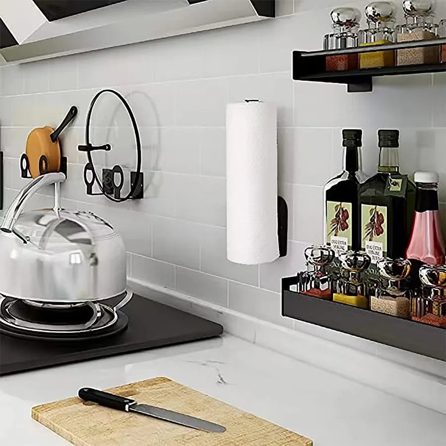 Prime Deal Zone adhesive kitchen paper towel holder with tissue hanger and toilet roll dispenser mounted on bathroom cabinet.