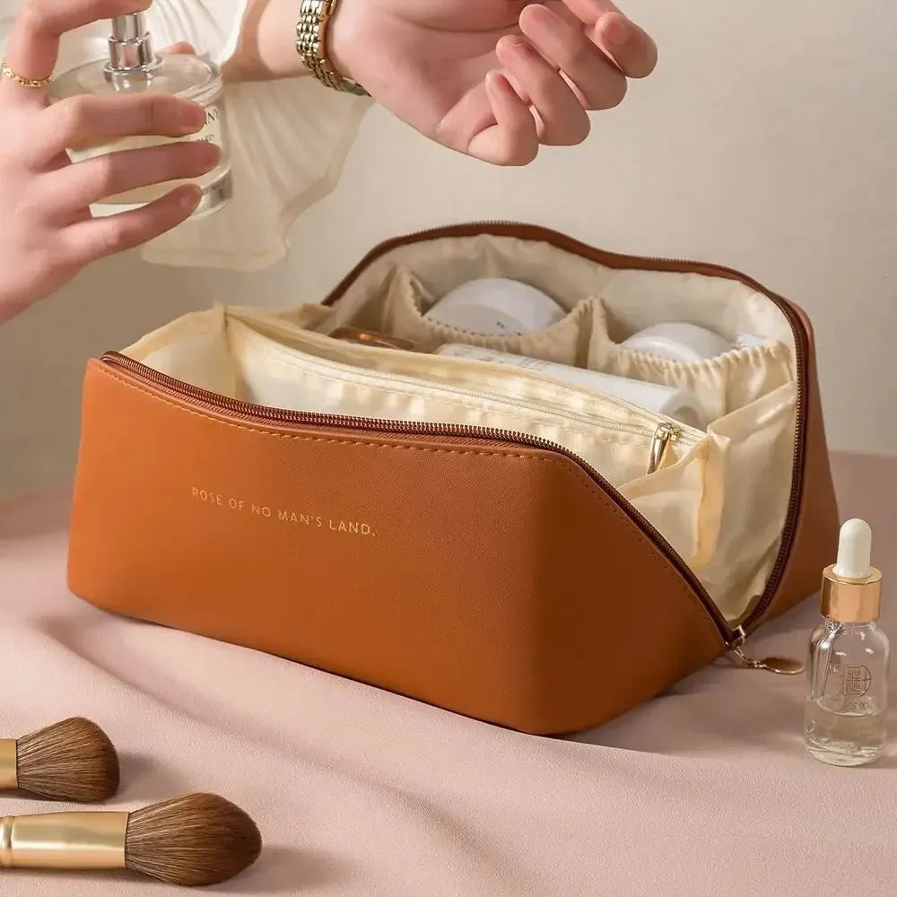 Women's Luxury Large Capacity Travel Cosmetic Bag | PU Leather Makeup & Toiletry Organizer with Zipper