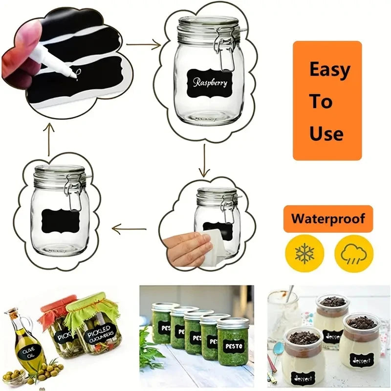 Set of 120 waterproof blackboard stickers with erasable pens, in three styles, for home and kitchen organization.