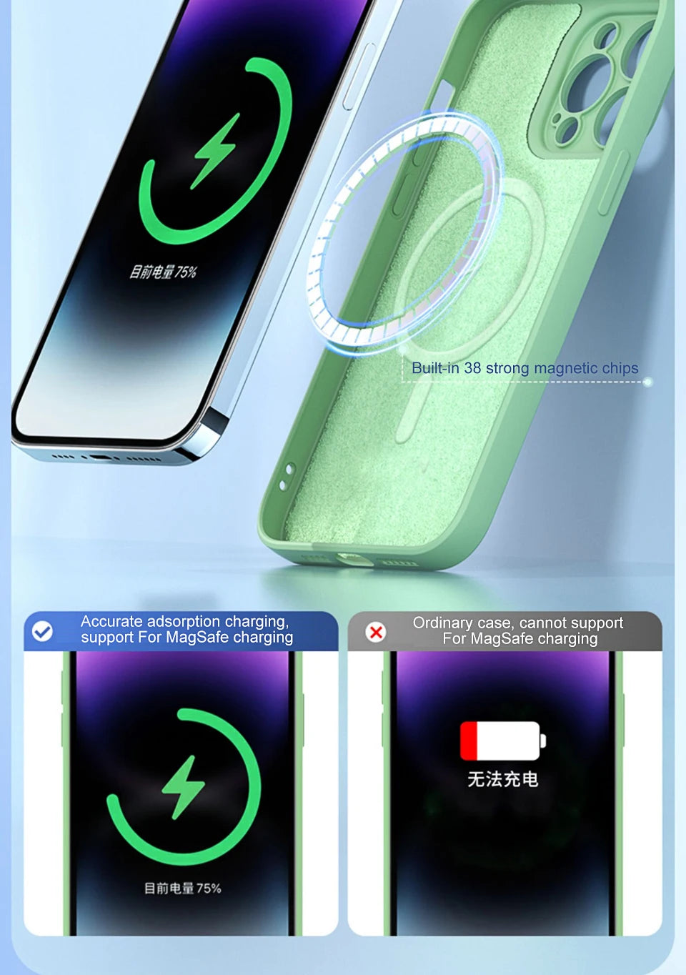 Liquid silicone MagSafe magnetic case for iPhone 15, 14, 13, 12, 11 Pro Max, Mini, X, XR, XS, 8 Plus with wireless charging cover