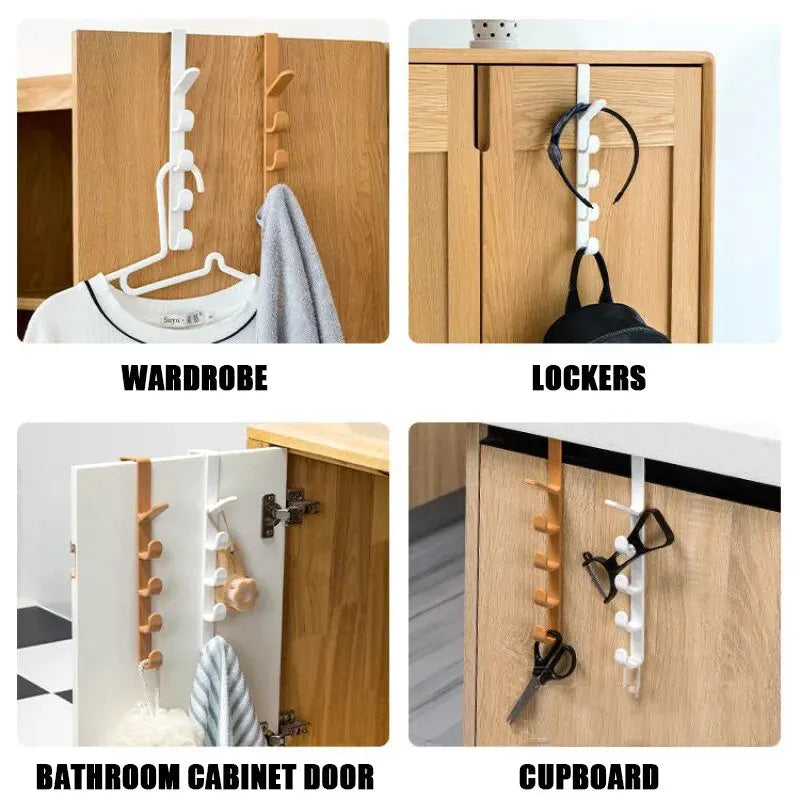 Plastic over-the-door hanger rack from Prime Deal Zone with hooks for hanging clothes, purses, and bags in a bedroom or home.
