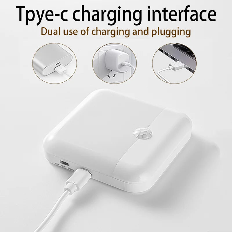 Square motion sensor LED night light with USB Type-C charging, ideal for bedrooms, kitchens, hallways, wardrobes, and cupboards.