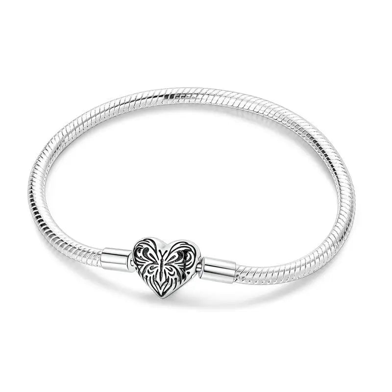 925 Sterling Silver Heart Zircon Snake Chain Bracelet — Multiple Designs, 17–20cm