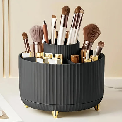 Prime Deal Zone 360-degree rotating cosmetic storage box with five compartments for brushes and makeup organization.