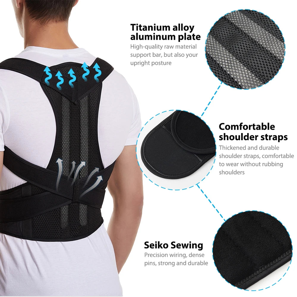 Adjustable back posture corrector brace for men and women supporting spine alignment and promoting good posture.