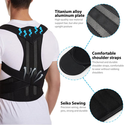 Adjustable back posture corrector brace for men and women supporting spine alignment and promoting good posture.