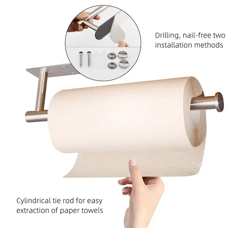 Prime Deal Zone kitchen paper towel holder and adhesive tissue hanger mounted on bathroom cabinet for napkin and toilet roll storage