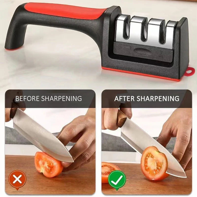 Prime Deal Zone kitchen 3/4-segment handheld knife sharpener with black sharpening stone for multi-purpose kitchen use.