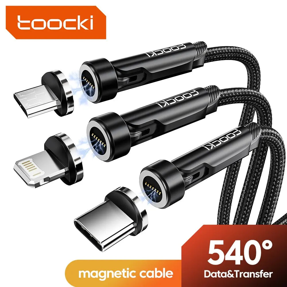 Toocki 540 Rotate Magnetic USB Type C cable for iPhone 12 Xiaomi fast charger with magnetic connector and micro USB compatibility.