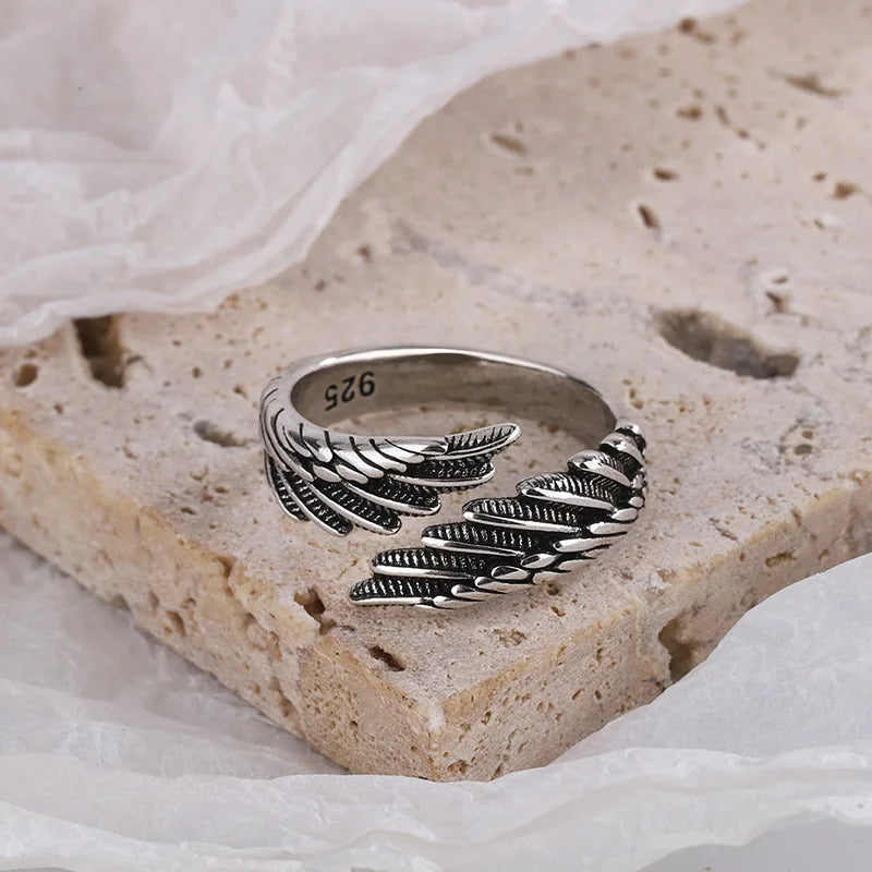 925 sterling silver angel wing and feather adjustable ring - view 2