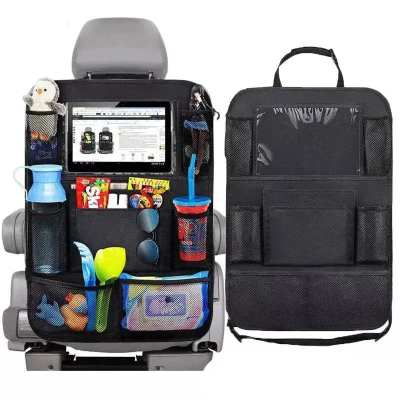 Multifunctional car seat organizer by Prime Deal Zone with multiple pockets, tablet holder, and Oxford fabric for kids' car back seat storage.