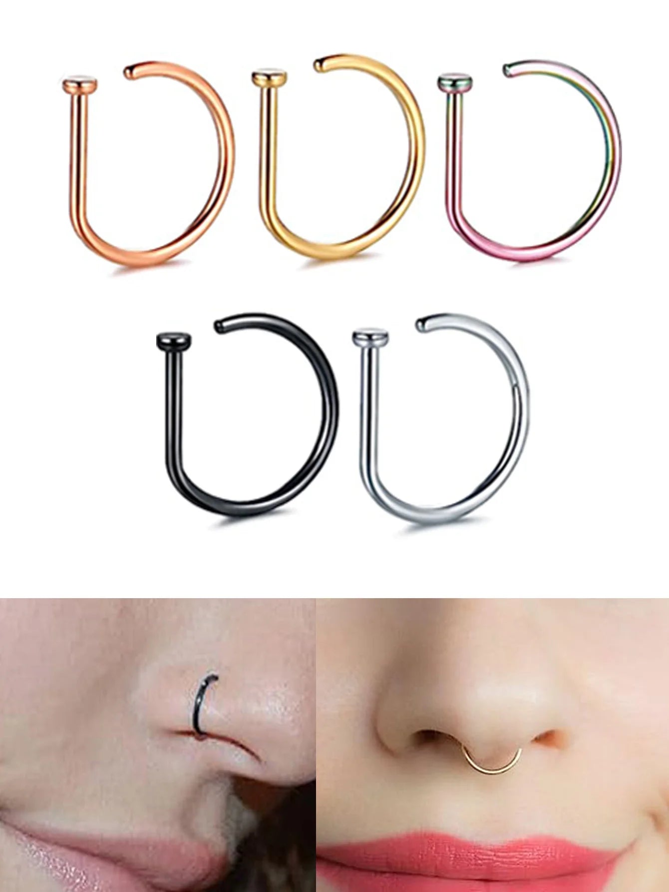 curved barbell nose stud, d-shape tragus hoop - view 1